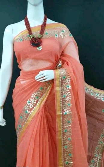 Rajastnai Orange Kota Doriya Cotton Lace Border Light Weigh twomen's Saree With Separate Blouse Piece - Peach, Free Size, Cotton, Pack of1